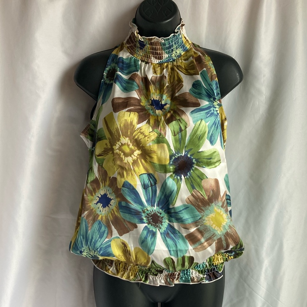 Iz Byer Floral Halter Top with Blue and Green Accents